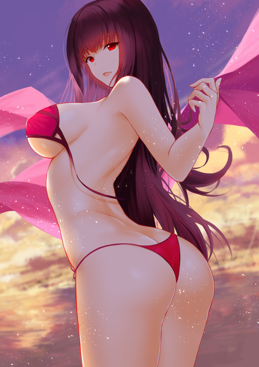 absurdres ass bad_id bad_pixiv_id bangs bare_arms bare_shoulders beach bikini breasts butt_crack cloud cloudy_sky collarbone cowboy_shot fate/grand_order fate_(series) from_behind hair_intakes hands_up higandgk highres large_breasts legs_together long_hair looking_at_viewer looking_back ocean outdoors purple purple_bikini purple_hair red_eyes sarong sarong_removed scathach_(fate)_(all) scathach_(swimsuit_assassin)_(fate) side-tie_bikini sideboob sidelocks sky smile solo standing string_bikini swimsuit sword thighs underboob untied untied_bikini very_long_hair wardrobe_malfunction water weapon