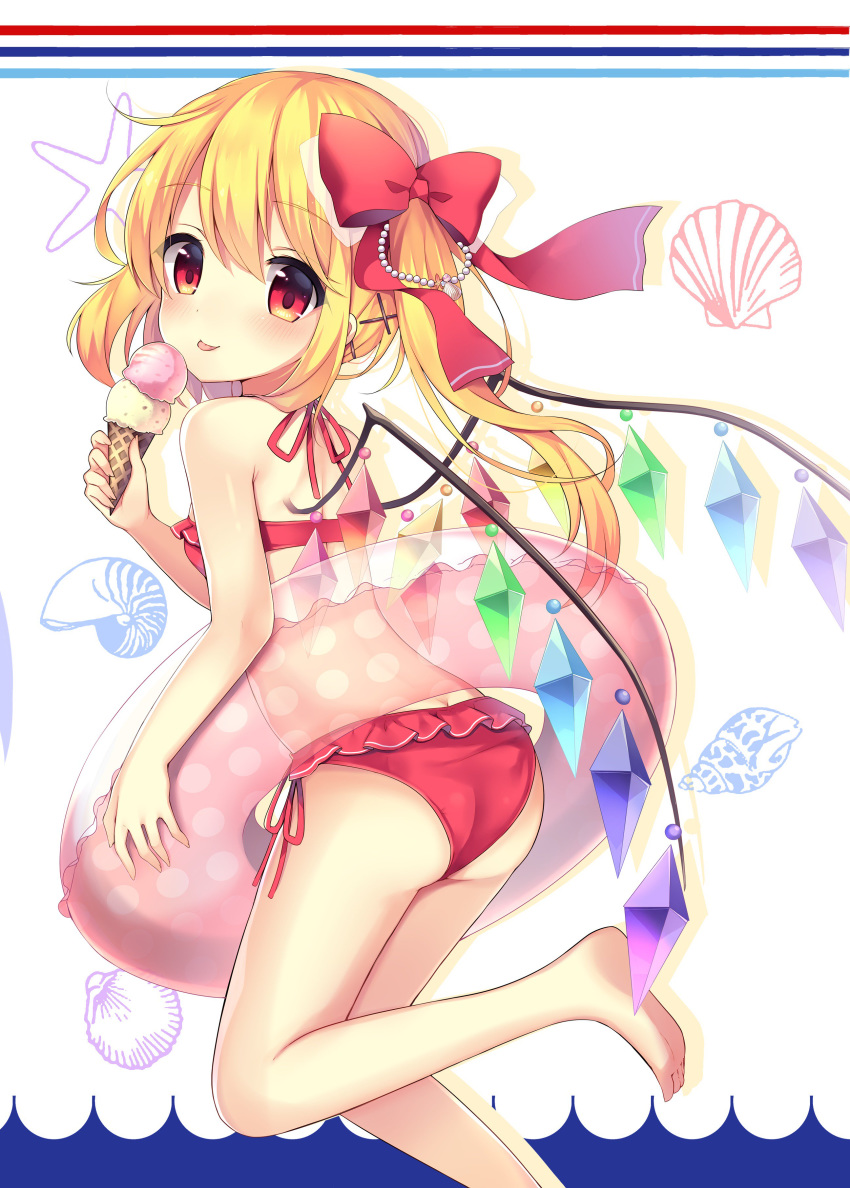 :p absurdres ass bare_arms bare_legs bare_shoulders barefoot beads bikini blush bow commentary_request crystal eyebrows_visible_through_hair feet_out_of_frame flandre_scarlet food from_behind hair_beads hair_between_eyes hair_bow hair_ornament hairclip halterneck highres holding holding_food ice_cream ice_cream_cone innertube leg_up long_hair looking_at_viewer looking_back no_hat no_headwear red_bikini red_bow ruhika seashell_hair_ornament side-tie_bikini side_ponytail silhouette smile solo star starry_background swimsuit thighs tongue tongue_out touhou white_background wings x_hair_ornament