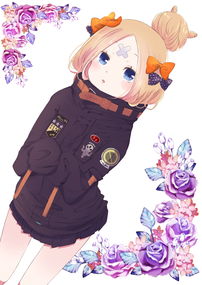 :o abigail_williams_(fate/grand_order) absurdres bangs black_bow black_jacket blonde_hair blue_eyes blush bow commentary_request crossed_bandaids dutch_angle fate/grand_order fate_(series) flower hair_bow hair_bun hands_up heroic_spirit_traveling_outfit highres hiroshi_(jasinloki) jacket long_hair long_sleeves looking_at_viewer orange_bow parted_bangs parted_lips polka_dot polka_dot_bow purple_flower purple_rose red_flower rose simple_background sleeves_past_fingers sleeves_past_wrists solo standing white_background