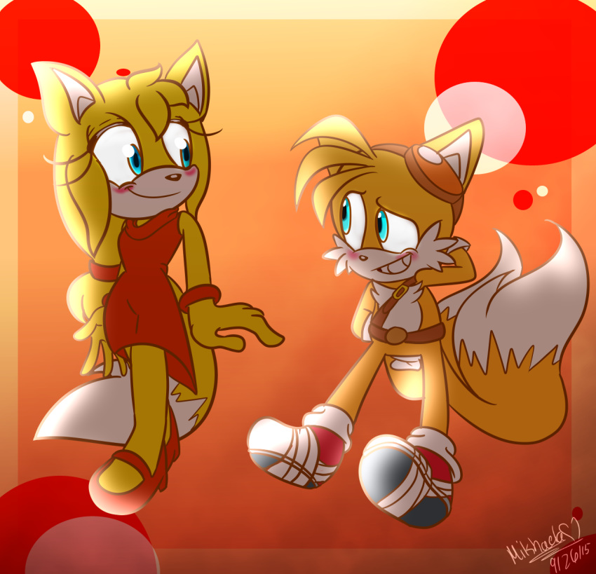 anthro black_nose blue_eyes blush canine clothing dipstick_tail duo eye_contact eyewear female footwear fox fur goggles hi_res male male/female mammal meggie-meg miles_prower multicolored_tail smile sonic_(series) sonic_boom video_games white_fur yellow_fur zooey_the_fox