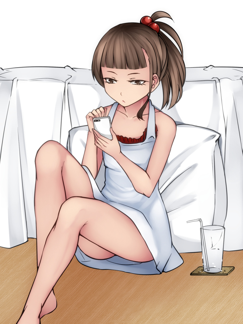 aoshima bangs bare_shoulders blunt_bangs brown_eyes brown_hair cellphone closed_mouth coaster collarbone commentary_request cup drinking_glass drinking_straw earrings floor highres holding holding_cellphone holding_phone jewelry looking_at_viewer on_floor original phone pillow short_hair sidelocks sitting solo wooden_floor