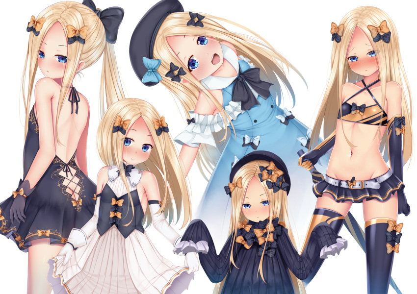 :d :o abigail_williams_(fate/grand_order) ass backless_dress backless_outfit bangs bare_shoulders belt belt_buckle beret black_bow black_dress black_gloves black_hat black_legwear black_skirt blonde_hair blue_bow blue_dress blue_eyes blush bow breasts buckle butt_crack closed_mouth collarbone commentary_request criss-cross_halter detached_sleeves dress elbow_gloves eyebrows_visible_through_hair fate/grand_order fate_(series) forehead gloves groin hair_bow halterneck hands_up hat head_tilt highres holding leaning_back long_hair long_sleeves looking_at_viewer looking_back microskirt multiple_views navel nose_blush open_mouth orange_bow parted_bangs parted_lips pleated_skirt polka_dot polka_dot_bow ponytail puririn round_teeth see-through shirt sidelocks simple_background skirt skirt_hold sleeveless sleeveless_dress sleeveless_shirt sleeves_past_fingers sleeves_past_wrists small_breasts smile standing teeth thighhighs upper_teeth very_long_hair white_background white_belt white_gloves white_shirt white_skirt