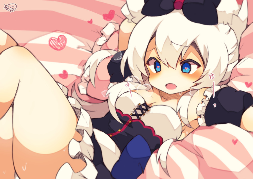 animal_ears arm_up azur_lane bangs bare_shoulders bed_sheet black_bow black_dress blue_bow blue_eyes blush bow breasts cat_ears cleavage collarbone commentary_request detached_sleeves dress eyebrows_visible_through_hair fang hair_between_eyes hair_bow hammann_(azur_lane) heart heart-shaped_pupils legs_up long_hair lying muuran on_back open_mouth panties puffy_short_sleeves puffy_sleeves short_sleeves signature silver_hair small_breasts solo strapless strapless_dress striped symbol-shaped_pupils underwear very_long_hair white_panties
