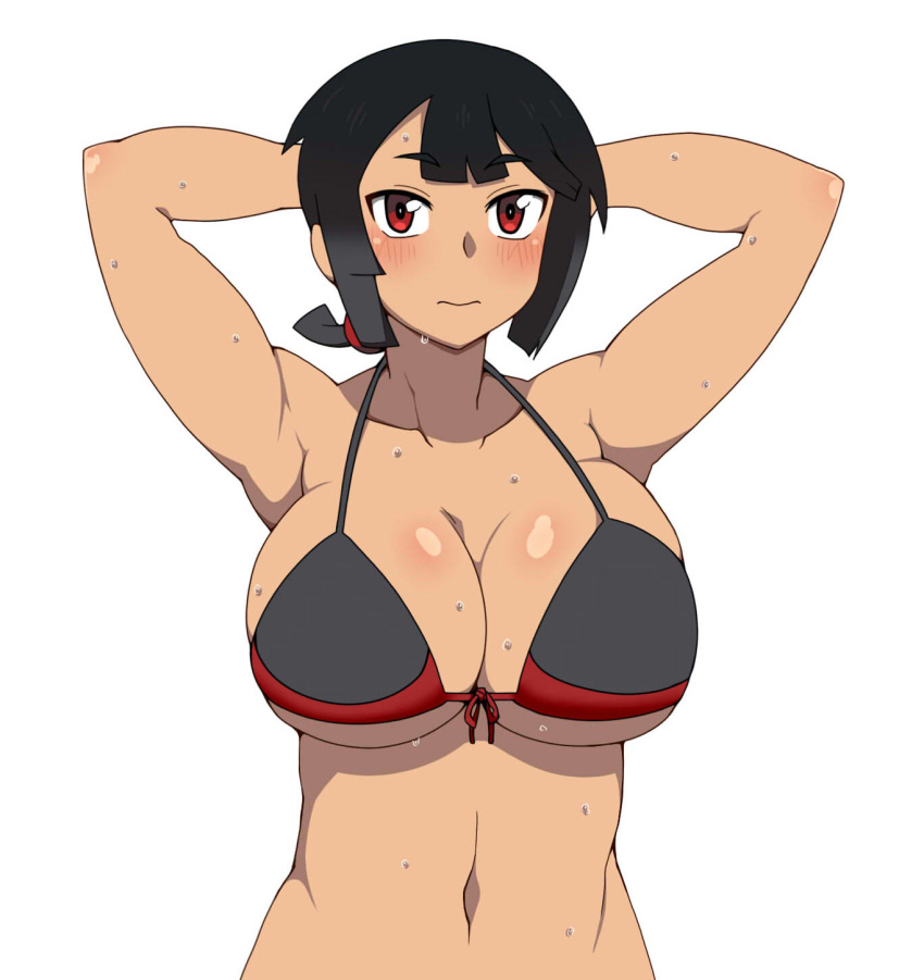 1girl armpits arms_behind_head arms_up bikini black_bikini black_hair blush breasts cleavage collarbone creatures_(company) eyebrows_visible_through_hair female front-tie_bikini front-tie_top game_freak hair_tie halter_top halterneck higana_(pokemon) highres large_breasts looking_at_viewer mantan navel nintendo pokemon pokemon_(game) pokemon_oras red_eyes short_hair simple_background solo sweat swimsuit underboob upper_body white_background