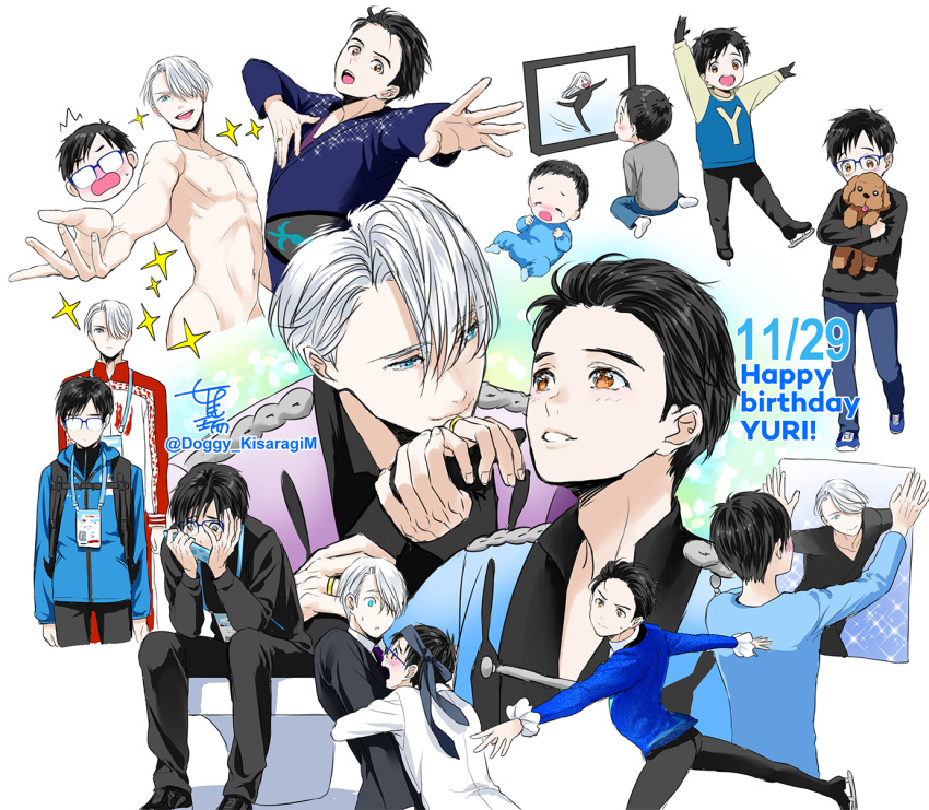 :d age_progression baby black_gloves black_hair blue-framed_eyewear blue_eyes brown_eyes child dog formal glasses gloves happy_birthday highres ice_skates jacket jewelry katsuki_yuuri kisaragi_mizu lanyard male_focus multiple_boys necktie necktie_on_head nude open_mouth outstretched_hand poster_(object) ring silver_hair sitting skates smile sparkle suit tears track_jacket vicchan viktor_nikiforov younger yuri!!!_on_ice