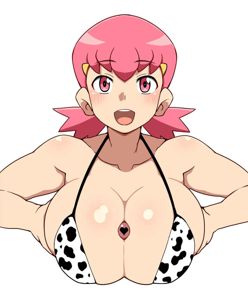 :d akane_(pokemon) animal_print bangs bare_arms bare_shoulders bikini breast_squeeze breasts censored cleavage collarbone commentary_request cow_girl cow_print eyebrows_visible_through_hair gym_leader halter_top halterneck heart heart_censor highres huge_breasts looking_at_viewer mantan medium_hair open_mouth paizuri penis pink_eyes pink_hair pokemon pokemon_(game) pokemon_hgss simple_background smile solo swimsuit twintails upper_body white_background