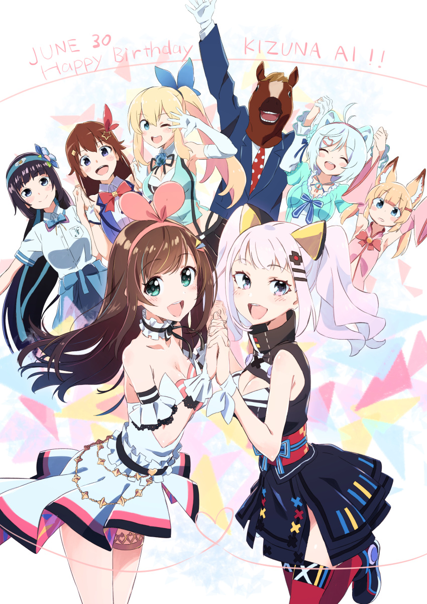 6+girls :d a.i._channel absurdres aoi_ch. black_hair black_neckwear black_ribbon blue_eyes blue_jacket blue_neckwear bow bowtie breasts brown_hair character_request cleavage closed_eyes commentary_request d-pad d-pad_hair_ornament dated dennou_shoujo_youtuber_shiro flower fuji_aoi gloves green_eyes hair_bow hair_flower hair_ornament hairband hand_over_eye hands_up happy_birthday highres holding_hands horse_mask interlocked_fingers jacket kaguya_luna kaguya_luna_(character) kemomimi_oukoku_kokuei_housou kizuna_ai long_hair long_sleeves looking_at_viewer medium_breasts mikoko_(kemomimi_oukoku_kokuei_housou) mirai_akari mirai_akari_project multiple_girls neck_ribbon necktie obi one_eye_closed open_mouth pink_bow red_legwear red_neckwear ribbon sash shiro_(dennou_shoujo_youtuber_shiro) shirt shoes skirt smile standing standing_on_one_leg tama_(tama-s) thighhighs tokino_sora tokino_sora_channel twintails virtual_youtuber white_gloves white_hair white_shirt wide_sleeves