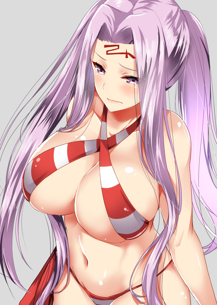 absurdres alternate_costume ar_(lover_boy) bare_shoulders bikini blush breasts cleavage closed_mouth collarbone commentary_request cosplay criss-cross_halter facial_mark fate/grand_order fate_(series) forehead_mark from_above hair_intakes halter_top halterneck highres large_breasts long_hair navel nero_claudius_(fate)_(all) nero_claudius_(swimsuit_caster)_(fate) nero_claudius_(swimsuit_caster)_(fate)_(cosplay) ponytail purple_eyes purple_hair red_bikini rider shiny shiny_skin standing striped striped_bikini swimsuit very_long_hair