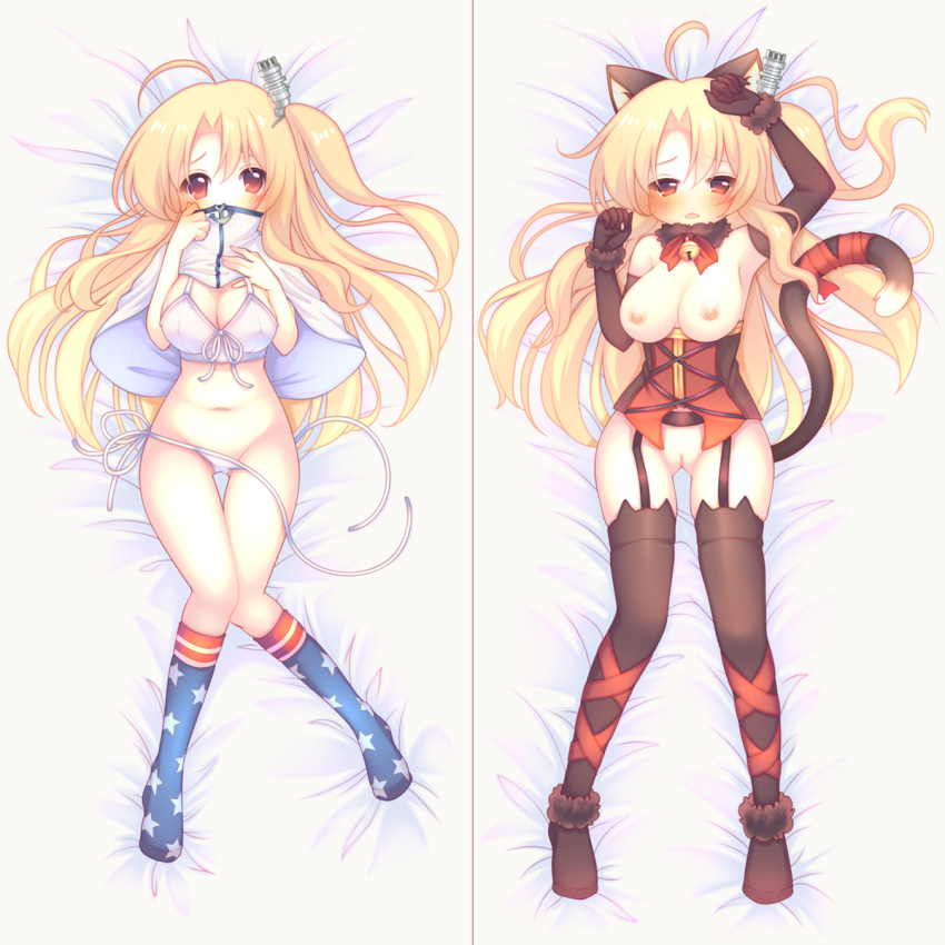 ahoge american_flag_legwear animal_ears arm_up azur_lane bangs bed_sheet bell black_gloves black_legwear blonde_hair blush bow bra breasts capelet cat_ears cat_girl cat_tail cleveland_(azur_lane) commentary covered_mouth dakimakura elbow_gloves eyebrows_visible_through_hair fur-trimmed_gloves fur-trimmed_legwear fur_collar fur_trim gloves hair_between_eyes hair_ornament highres jingle_bell kemonomimi_mode kneehighs large_breasts long_hair looking_at_viewer lying multiple_views navel nipples on_back one_side_up panties parted_lips pussy red_bow red_eyes red_ribbon ribbon sakurato_ototo_shizuku side-tie_panties tail tail_raised tail_ribbon thighhighs underbust underwear untied untied_panties very_long_hair white_bra white_capelet white_panties