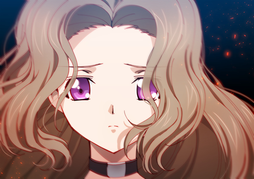 bangs brown_hair choker closed_mouth code_geass creayus forehead looking_at_viewer m nunnally_lamperouge parted_bangs portrait purple_eyes sad solo