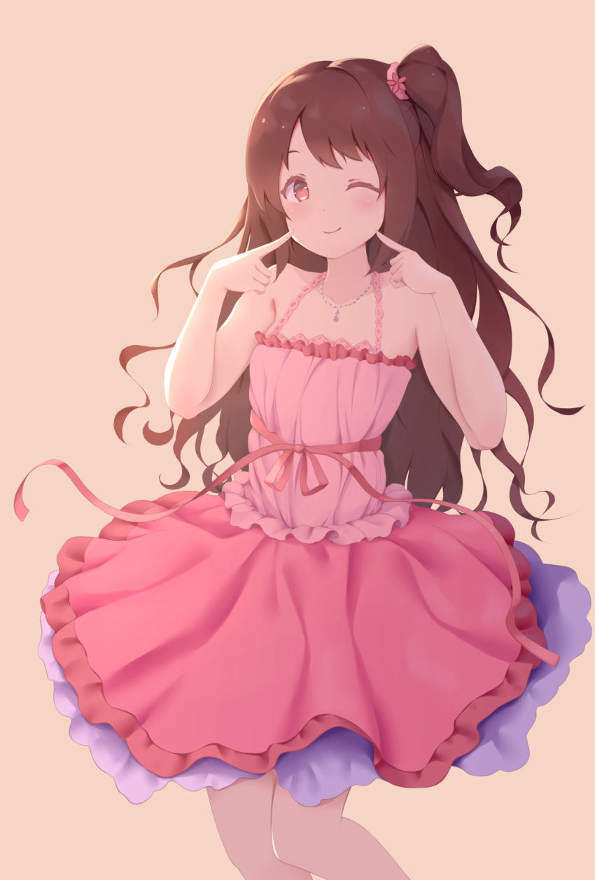 amanonozomi arms_up bangs bare_arms brown_eyes brown_hair cheek_poking closed_mouth collarbone dot_nose dress eyelashes flower frilled_dress frills hair_flower hair_ornament hair_scrunchie highres idolmaster idolmaster_cinderella_girls jewelry lace lace-trimmed_dress layered_dress long_hair looking_at_viewer necklace one_eye_closed one_side_up pendant pink_dress pink_flower pink_ribbon poking poking_self ribbon scrunchie shimamura_uzuki sidelocks simple_background smile solo spaghetti_strap swept_bangs tareme wavy_hair yellow_background