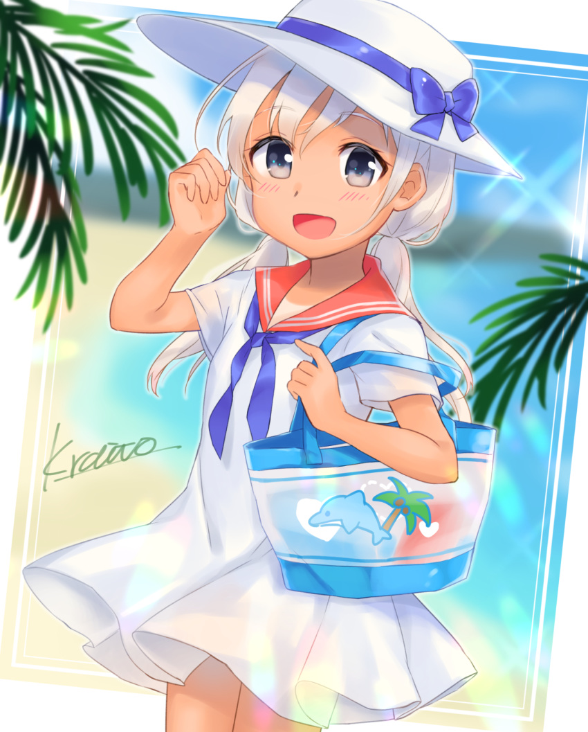 ahoge alternate_costume alternate_hairstyle arm_up bag bangs beach blue_eyes blue_sky blush bow cloud coconut commentary_request day dolphin dress eyebrows_visible_through_hair hair_between_eyes hat heart highres kantai_collection kawagami_raito leaf long_hair looking_at_viewer low_twintails one-piece_tan open_mouth outdoors palm_tree ribbon ro-500_(kantai_collection) sand shoulder_bag sky smile solo tan tanline tree twintails white_dress white_hair white_hat