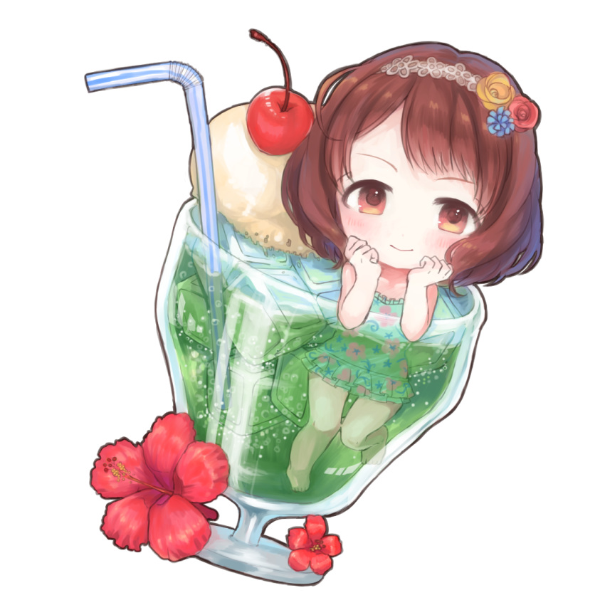 :&gt; air_bubble aqua_swimsuit bangs bendy_straw blue_flower blush brown_hair bubble cherry chibi closed_mouth collarbone cup dot_nose drinking_glass drinking_straw dutch_angle floral_print flower food frilled_swimsuit frills fruit glass hair_flower hair_ornament hairband hands_on_own_face hibiscus ice ice_cream ice_cream_float ice_cube idolmaster idolmaster_cinderella_girls in_container in_cup knees_together_feet_apart komoe_(hinagatu) lace_hairband leg_up looking_at_viewer melon_soda minigirl nagatomi_hasumi one-piece_swimsuit partially_submerged red_flower red_rose rose short_hair simple_background smile solo swept_bangs swimsuit tareme wavy_hair white_background yellow_eyes yellow_flower yellow_rose