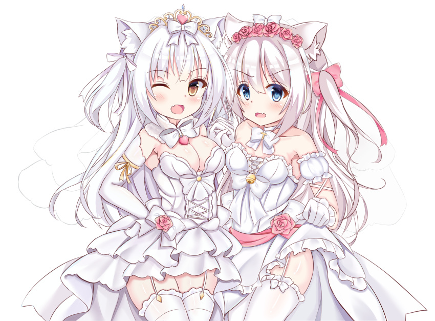 ;d absurdres animal_ear_fluff animal_ears azur_lane bangs blue_eyes bow breasts brown_eyes cat_ears choker cleavage detached_collar detached_sleeves dress elbow_gloves eyebrows_visible_through_hair fang flower garter_straps gloves hair_between_eyes hair_bow hair_flower hair_ornament hammann_(azur_lane) hand_up heart highres holding_hands huge_filesize interlocked_fingers kurashina_yuzuki long_hair looking_at_viewer medium_breasts multiple_girls one_eye_closed one_side_up open_mouth pink_bow pink_flower pink_rose puffy_short_sleeves puffy_sleeves railing red_ribbon ribbon rose see-through short_sleeves silver_hair simple_background skirt_hold small_breasts smile standing strapless strapless_dress thighhighs tiara veil very_long_hair white_background white_choker white_dress white_gloves white_legwear yellow_ribbon yukikaze_(azur_lane)