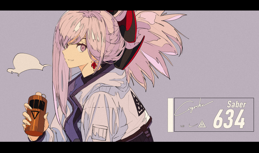 absurdres bangs black_shirt can cropped_jacket earrings fate/grand_order fate_(series) hair_ornament highres holding holding_can huge_filesize jacket jewelry kogecha_(coge_ch) letterboxed long_hair long_sleeves miyamoto_musashi_(fate/grand_order) parted_lips pink_eyes pink_hair ponytail purple_background shirt sidelocks signature smile solo white_jacket