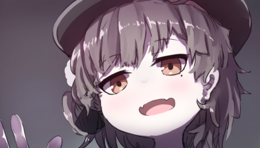 :d absurdres beret black_hat black_ribbon blush brown_eyes brown_hair commentary face fangs grey_background hair_ribbon hand_up hat hatoba_tsugu hatoba_tsugu_(character) head_tilt highres looking_at_viewer mole mole_under_eye open_mouth portrait ribbon smile solo virtual_youtuber wada_kazu