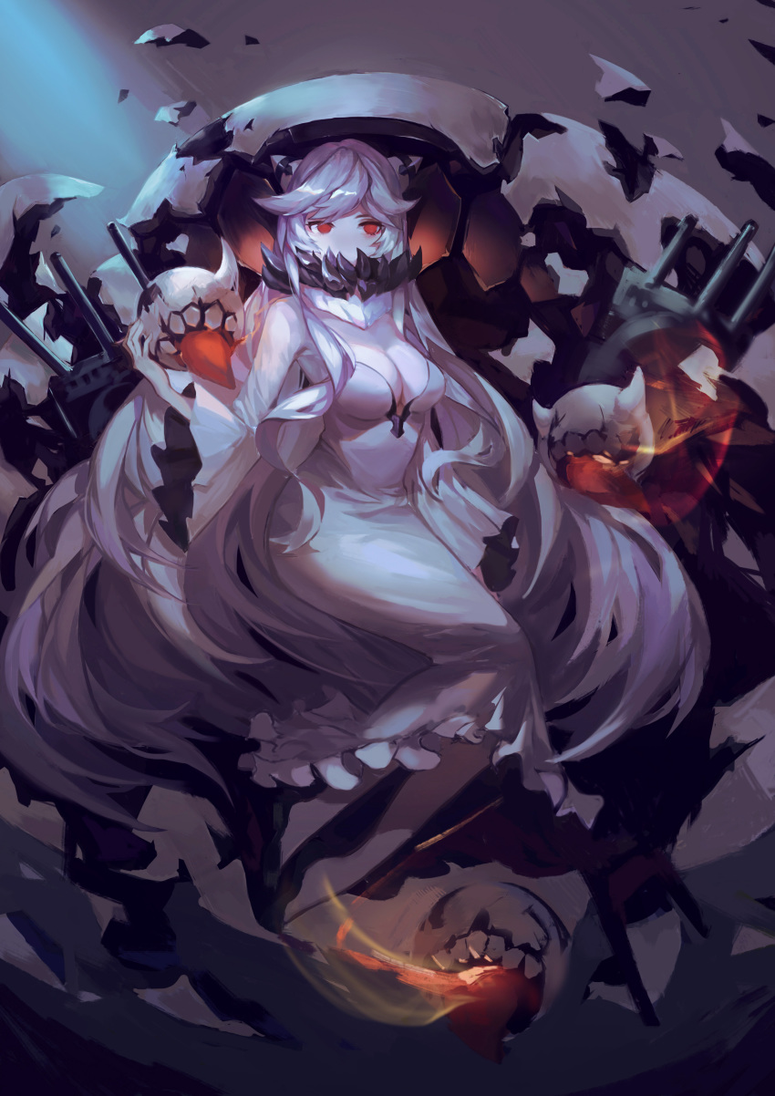 absurdres breasts cleavage commentary_request covered_mouth dress enemy_aircraft_(kantai_collection) full_body highres kantai_collection long_dress long_hair looking_at_viewer medium_breasts midway_hime pale_skin red_eyes shinkaisei-kan solo turret very_long_hair weapon white_dress white_hair yan_ge