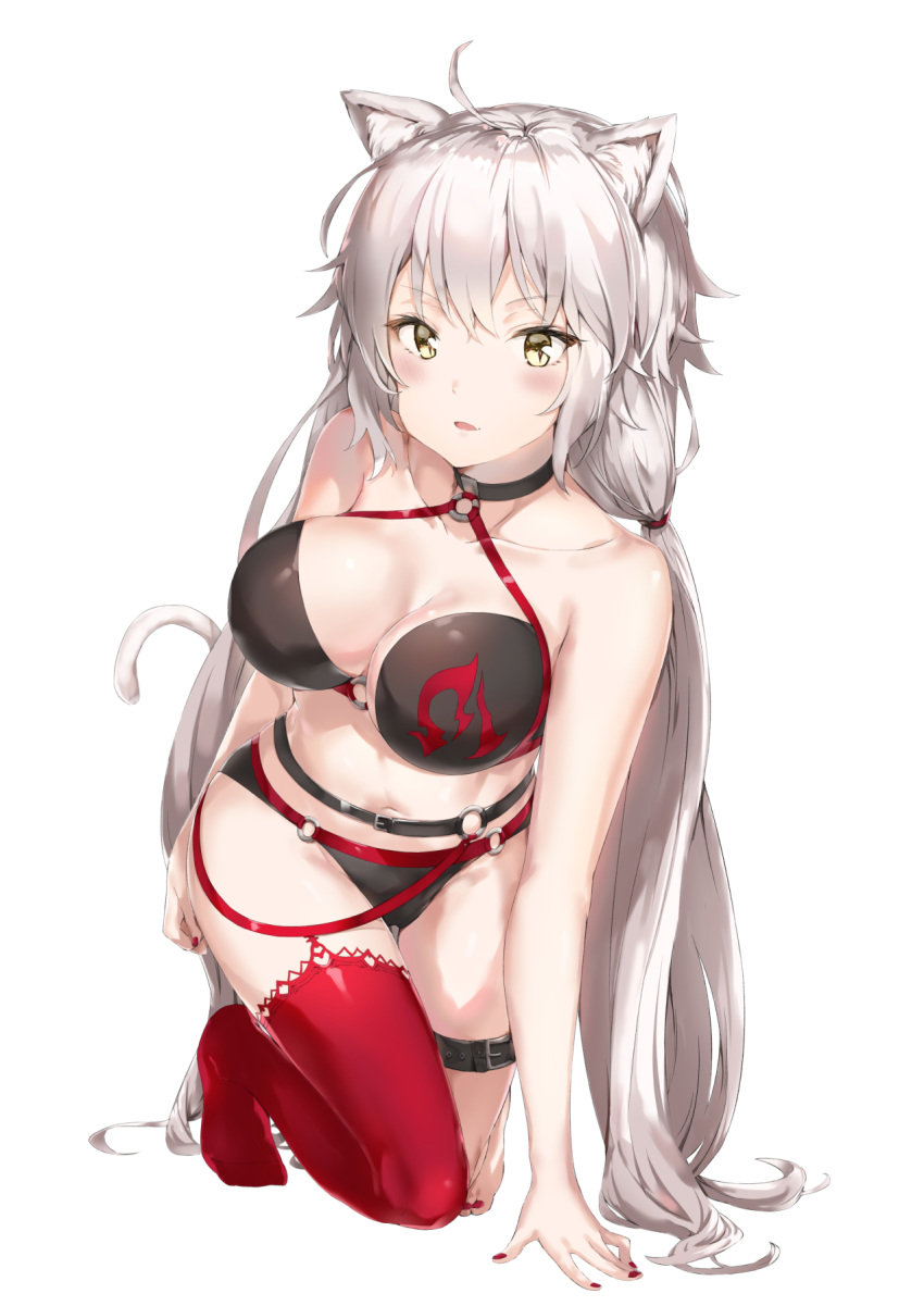 ahoge all_fours animal_ear_fluff animal_ears bikini black_bikini blush breasts cat_ears cat_tail cleavage commentary_request fate/grand_order fate_(series) fingernails highres jeanne_d'arc_(alter_swimsuit_berserker) jeanne_d'arc_(fate)_(all) large_breasts long_hair looking_at_viewer nail_polish navel o-ring parted_lips pixel_(yuxian) red_legwear red_nails simple_background single_thighhigh solo swimsuit tail thigh_strap thighhighs twintails very_long_hair white_background yellow_eyes