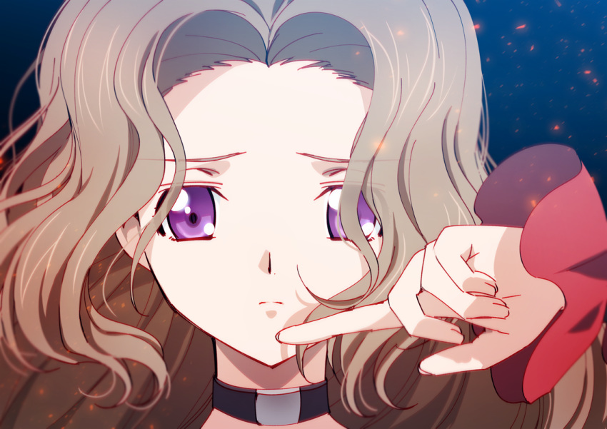bangs brown_hair choker closed_mouth code_geass creayus forehead hand_up long_sleeves looking_at_viewer m nunnally_lamperouge parted_bangs portrait purple_eyes sad solo
