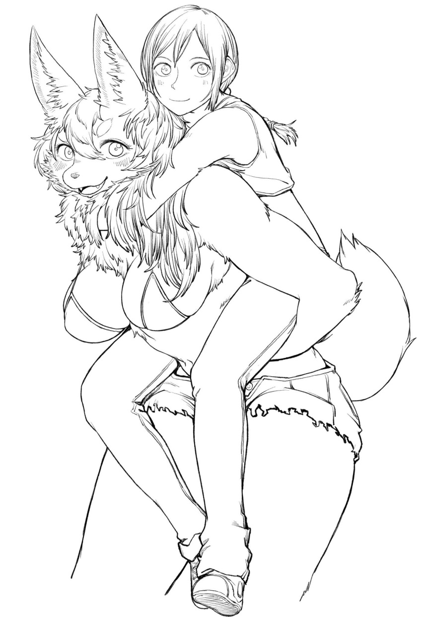 anthro big_breasts black_and_white bra breasts canine carrying cleavage clothed clothing digital_media_(artwork) duo female fluffy footwear hair hi_res human long_hair looking_at_viewer mammal monochrome pants piggyback shoes shorts simple_background size_difference toco_(artist) underwear white_background