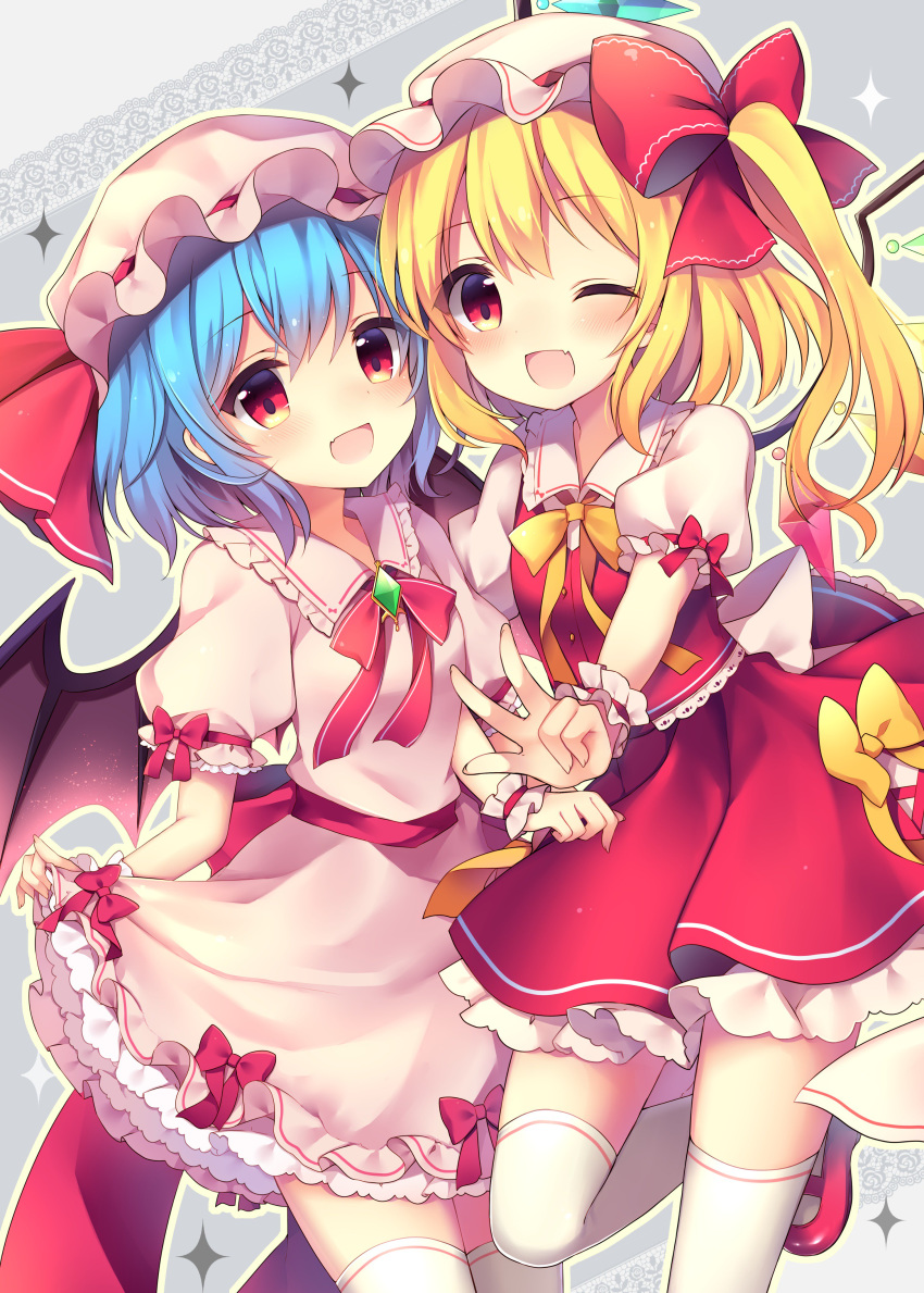 :d absurdres bat_wings blonde_hair blue_hair blush bow commentary_request crystal dress dress_lift eyebrows_visible_through_hair fang feet_out_of_frame flandre_scarlet frilled_shirt_collar frills grey_background hat hat_bow hat_ribbon highres lifted_by_self looking_at_viewer mary_janes mob_cap multiple_girls neck_ribbon one_eye_closed open_mouth petticoat pink_dress pink_hat puffy_short_sleeves puffy_sleeves red_bow red_eyes red_footwear red_neckwear red_ribbon red_sash red_skirt red_vest remilia_scarlet ribbon ruhika shoes short_hair short_sleeves siblings sisters skirt smile standing standing_on_one_leg thighhighs touhou v vest white_hat white_legwear wings wrist_cuffs yellow_bow yellow_neckwear yellow_outline yellow_ribbon zettai_ryouiki