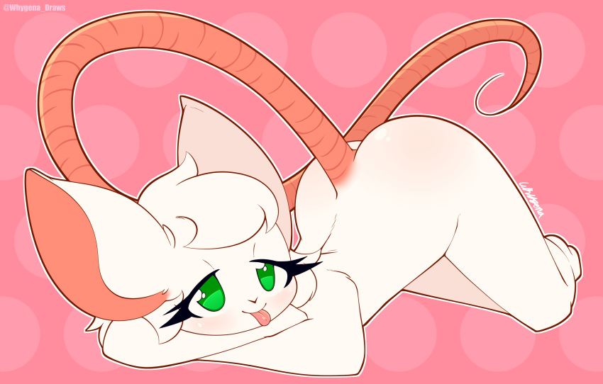 2018 all_fours anthro ass_up bedroom_eyes biped blep blush butt digital_drawing_(artwork) digital_media_(artwork) dotted_background eyelashes female flat_chested front_view full-length_portrait fur green_eyes hair half-closed_eyes hi_res long_tail mammal mouse nude outline pattern_background pink_background pink_tail pink_tongue pinup portrait pose rat_tail reggie_(whygena) rodent seductive simple_background smile solo tongue tongue_out toony white_fur white_hair whygena