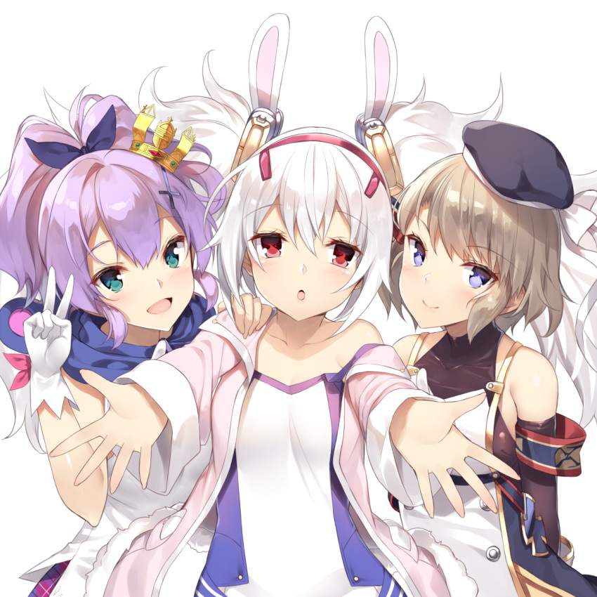 :d :o animal_ears armband azur_lane bangs bare_shoulders beret black_hat blue_eyes blush breasts brown_hair bunny_ears camisole closed_mouth collarbone commentary_request crown detached_sleeves dress eyebrows_visible_through_hair girl_sandwich gloves green_eyes hair_between_eyes hair_ornament hair_ribbon hairband hands_up hat highres jacket javelin_(azur_lane) laffey_(azur_lane) long_hair long_sleeves mini_crown multiple_girls open_mouth outstretched_arms parted_lips pink_jacket plaid plaid_skirt purple_hair purple_ribbon purple_skirt red_eyes red_hairband ribbon sandwiched silver_hair simple_background single_glove skirt sleeveless sleeveless_dress sleeves_past_wrists small_breasts smile twintails v very_long_hair white_background white_camisole white_dress white_gloves yappen z23_(azur_lane)