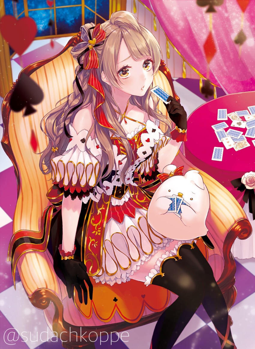 ahoge bangs bare_shoulders black_gloves black_legwear black_ribbon bow braid brown_hair card commentary_request dress frilled_gloves frills from_above gloves hair_ornament hair_ribbon heart heart_hair_ornament highres holding holding_card indoors knees_together_feet_apart long_hair looking_at_viewer love_live! love_live!_school_idol_project lying_card md5_mismatch minami_kotori minami_kotori_(bird) one_side_up parted_lips playing_card playing_card_theme red_ribbon ribbon sitting solo sudach_koppe thighhighs twitter_username wavy_hair yellow_eyes