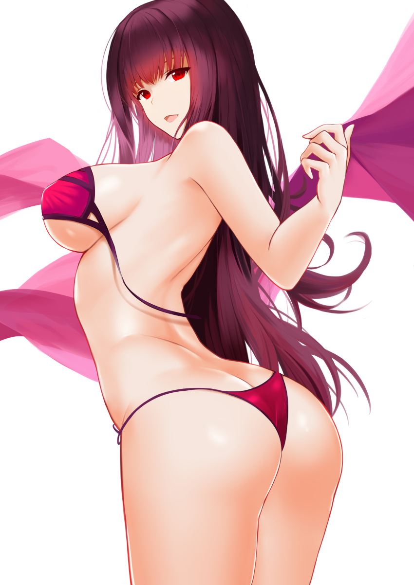 absurdres ass bad_id bad_pixiv_id bangs bare_arms bare_shoulders bikini breasts butt_crack collarbone cowboy_shot fate/grand_order fate_(series) from_behind hair_intakes hands_up higandgk highres large_breasts legs_together long_hair looking_at_viewer looking_back purple_bikini purple_hair purple_sarong red_eyes sarong sarong_removed scathach_(fate)_(all) scathach_(swimsuit_assassin)_(fate) side-tie_bikini sideboob sidelocks simple_background smile solo standing string_bikini swimsuit sword thighs underboob untied untied_bikini very_long_hair wardrobe_malfunction weapon white_background