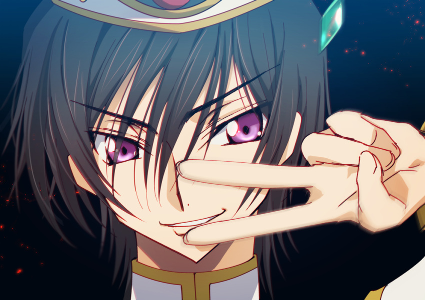 black_hair code_geass creayus eyebrows_visible_through_hair grin hand_up hat lelouch_lamperouge long_sleeves looking_at_viewer m male_focus parted_lips portrait purple_eyes smile solo v v_over_eye