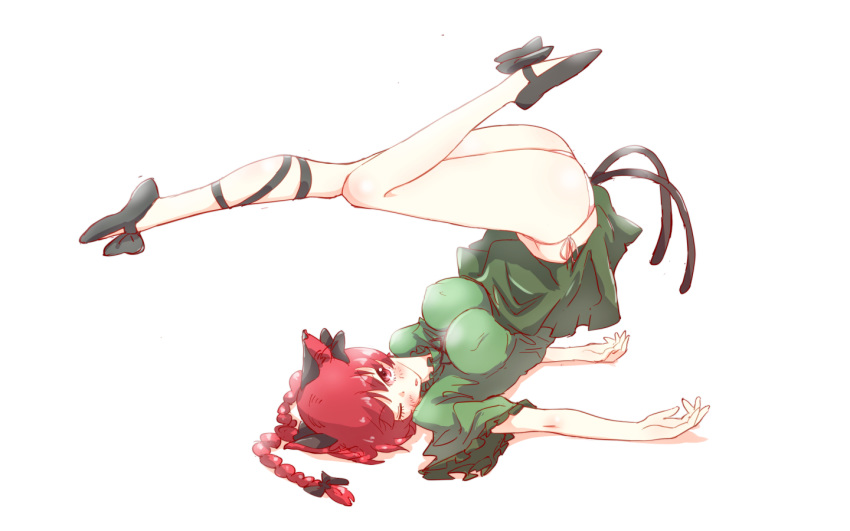animal_ears ass black_footwear braid breasts cat_ears cat_tail covered_nipples full_body kaenbyou_rin looking_at_viewer lying medium_breasts multiple_tails non_(z-art) on_back one_eye_closed panties pantyshot pantyshot_(lying) red_eyes red_hair shirt shoes short_hair short_sleeves side-tie_panties simple_background skirt solo tail top-down_bottom-up touhou twin_braids two_tails underwear white_background wide_sleeves