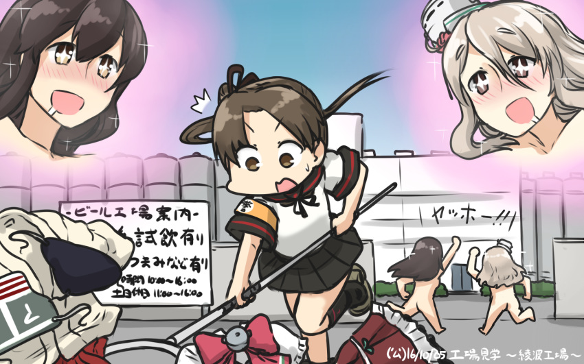 akagi_(kantai_collection) ass ayanami_(kantai_collection) blush bow breasts brown_eyes brown_hair building commentary_request dated drooling hair_bow hamu_koutarou highres kantai_collection light_brown_hair long_hair medium_breasts miniskirt multiple_girls nude open_mouth outdoors pleated_skirt pola_(kantai_collection) ponytail running satsumata school_uniform skirt standing standing_on_one_leg sweeping symbol-shaped_pupils translated wavy_mouth