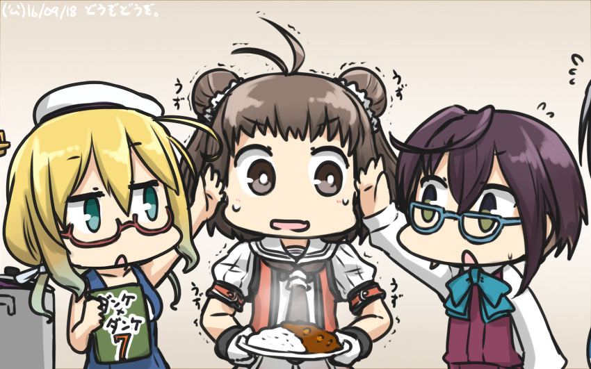 ahoge antenna_hair black_hair blonde_hair blue-framed_eyewear book brown_hair commentary_request curry curry_rice dated double_bun flying_sweatdrops food glasses green_eyes hamu_koutarou hiei_(kantai_collection) highres i-8_(kantai_collection) kantai_collection multiple_girls naka_(kantai_collection) name_tag okinami_(kantai_collection) open_mouth red-framed_eyewear remodel_(kantai_collection) rice school_swimsuit short_hair sweat swimsuit takao_(kantai_collection) trembling