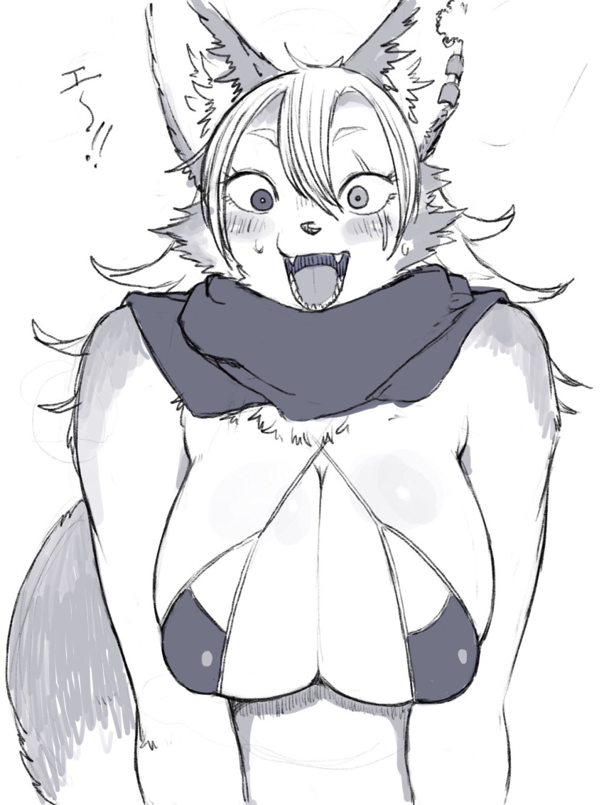 anthro big_breasts bra breasts canine cleavage clothed clothing digital_media_(artwork) dog ear_piercing fangs female fluffy fur grey_fur hair heterochromia hi_res husko husky inner_ear_fluff japanese_text long_hair looking_at_viewer mammal monochrome multicolored_fur open_mouth piercing scar scarf simple_background solo teeth text toco_(artist) tongue translation_request two_tone_fur underwear white_background white_fur white_hair