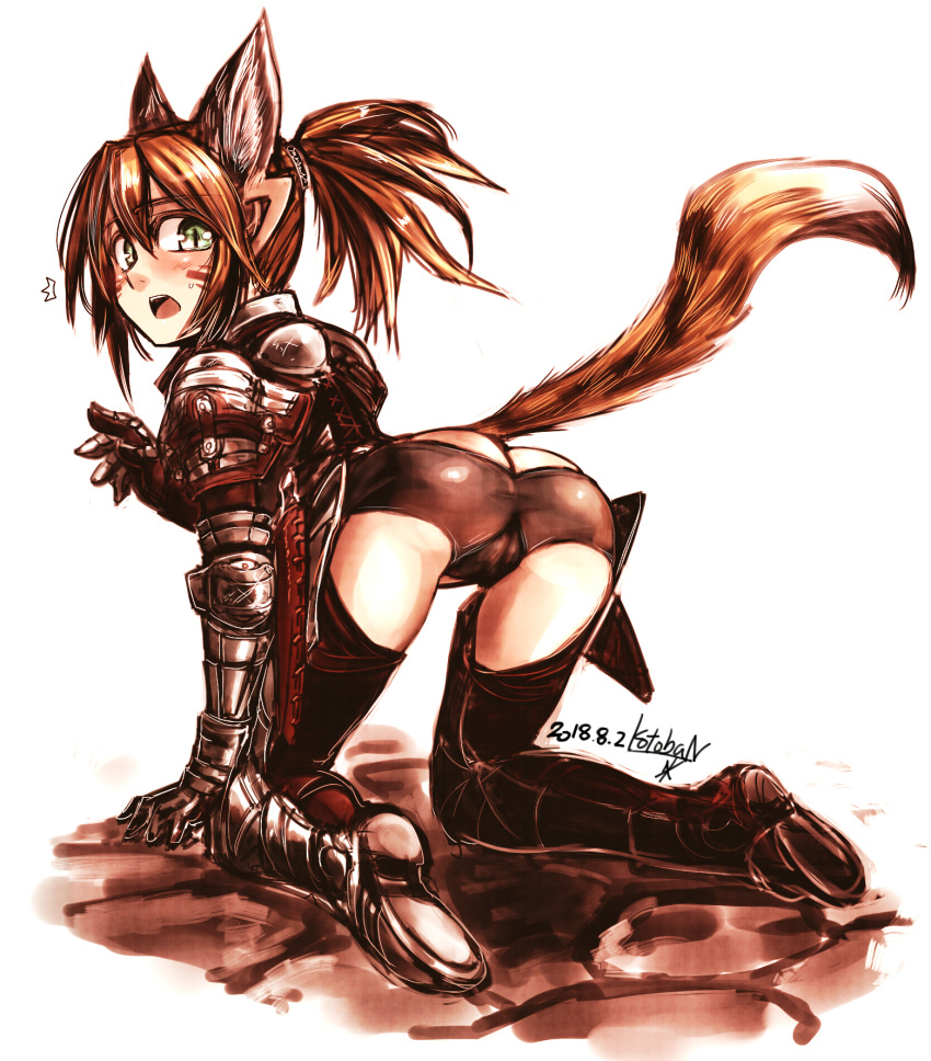 1girl all_fours animal_ears armored_boots artist_name ass boots brown cameltoe cat_ears commentary_request dated extra_ears from_behind gauntlets green_eyes highres kotoba_noriaki limited_palette looking_at_viewer looking_back metal_boots open_mouth original panties_day signature simple_background slit_pupils solo tail thighhighs white_background