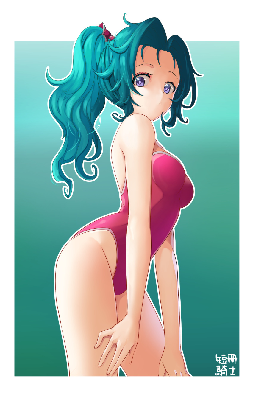 aqua_hair bare_arms bare_shoulders breasts closed_mouth final_fantasy final_fantasy_vi groin hair_intakes hair_ornament highleg highleg_swimsuit highres long_hair looking_at_viewer medium_breasts one-piece_swimsuit outline pink_swimsuit ponytail purple_eyes solo strapless strapless_swimsuit swimsuit tanzaku_kishi thighs tina_branford wavy_hair white_outline