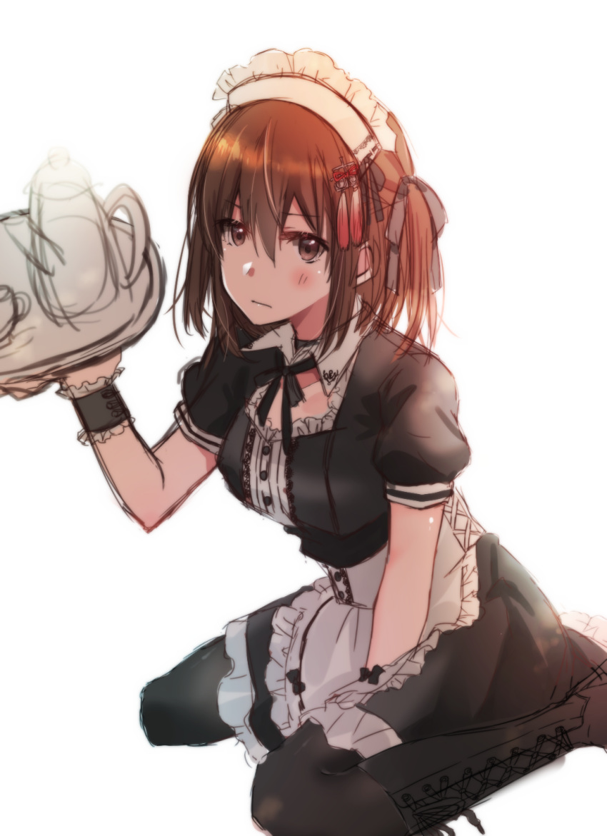 alternate_costume apron bangs between_legs black_legwear blush boots breasts brown_eyes brown_footwear brown_hair closed_mouth cross-laced_footwear enmaided frills hair_ornament hand_between_legs highres holding holding_tray kantai_collection knee_boots lace-up_boots looking_at_viewer maid maid_apron maid_headdress pantyhose puffy_short_sleeves puffy_sleeves remodel_(kantai_collection) rinto_(rint_rnt) sendai_(kantai_collection) short_hair short_sleeves simple_background sitting solo tray two_side_up wariza white_background wrist_cuffs