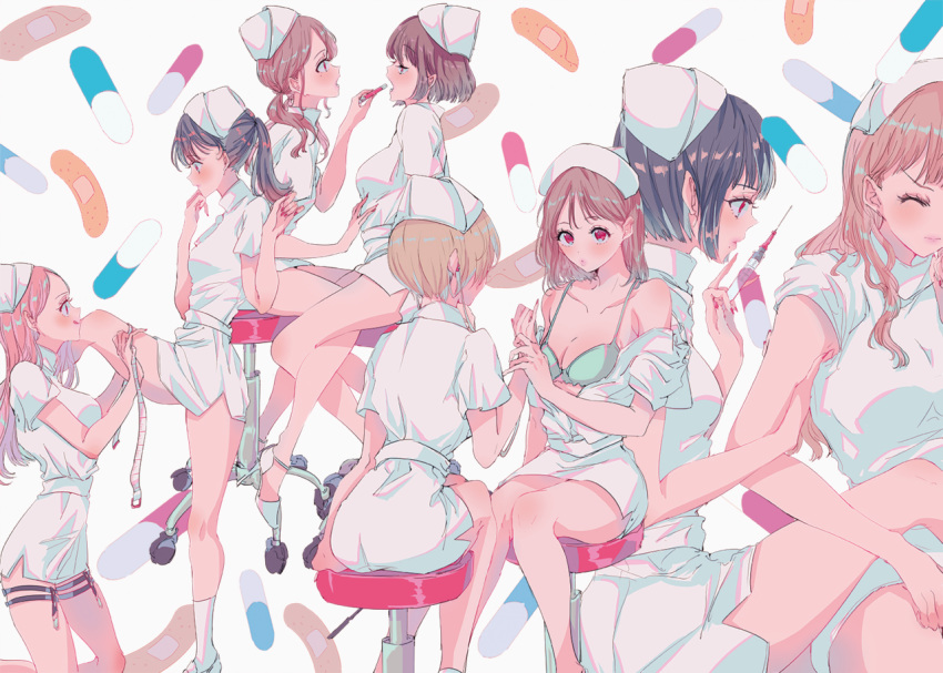 :q aqua_bra bandaid bangs black_hair blush bra breasts brown_hair cleavage clenched_hand closed_eyes clothes_down collarbone commentary dress hand_on_another's_stomach hand_to_own_mouth hands_up hat high_heels holding_arm holding_hand kneeling leg_lift light_brown_hair long_hair measuring multiple_girls nail_polish najuco_(naju0517) nurse nurse_cap open_mouth original pill pinky_out red_eyes red_nails short_dress short_hair short_sleeves side_slit sitting socks swivel_chair syringe tape_measure thermometer thigh_strap tongue tongue_out twintails underwear v-shaped_eyebrows white_dress white_legwear wince yuri