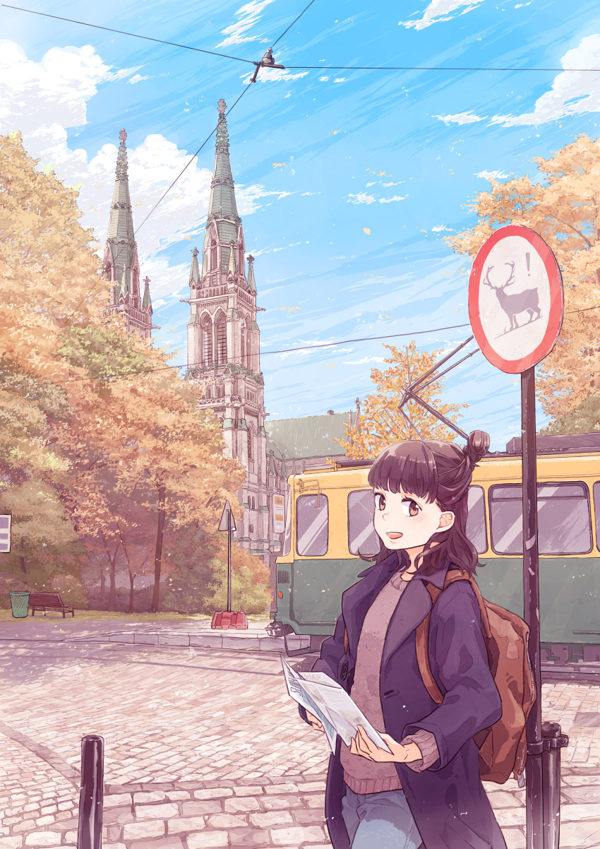 :d absurdres autumn_leaves backpack bag bangs bench black_hair brown_backpack brown_eyes building cathedral commentary_request day denim hair_bun half_updo highres holding_map jeans kujyoo looking_at_viewer medium_hair navy_blue_jacket open_mouth original outdoors pants park_bench power_lines road road_sign sign smile solo streetcar sweater trash_can tree
