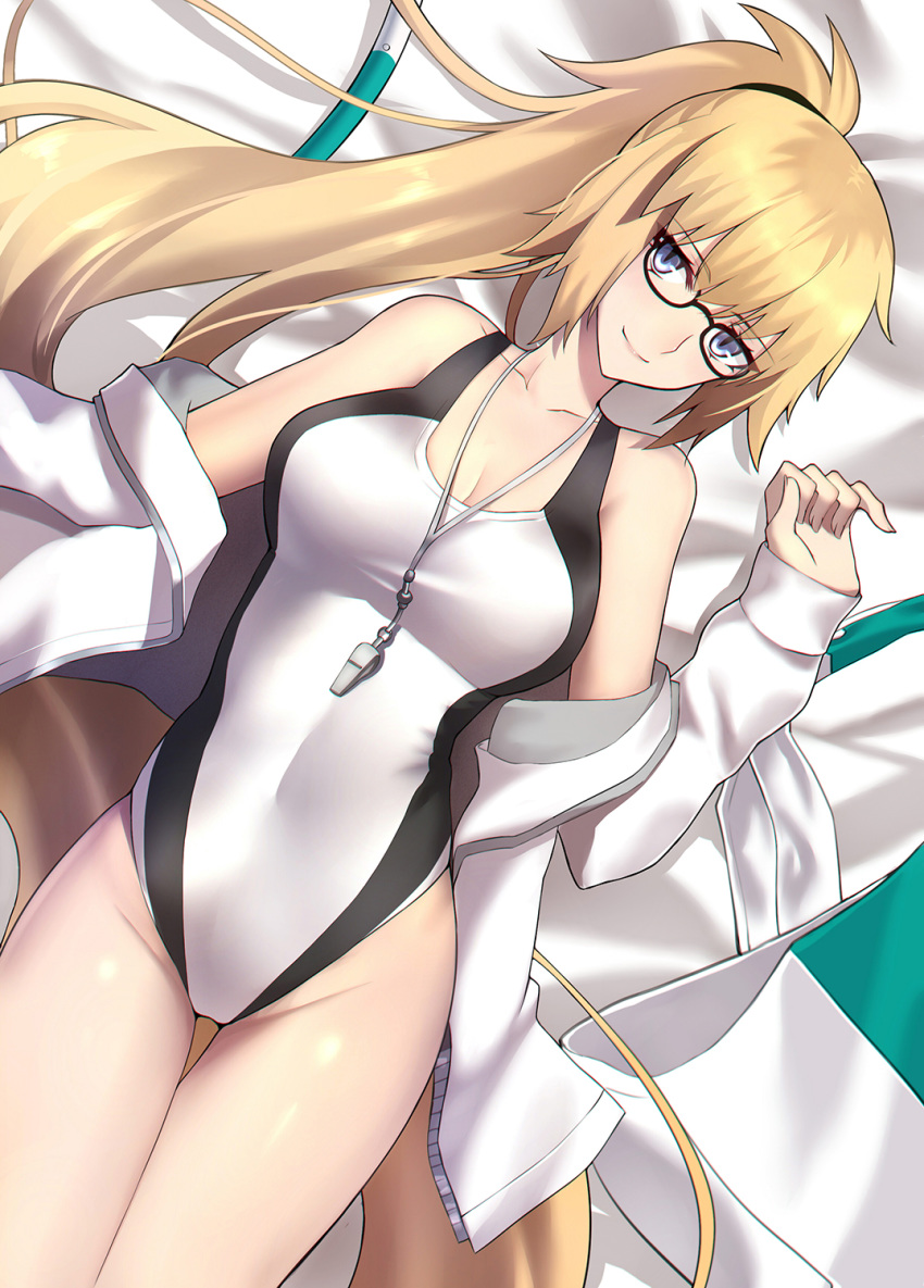 bespectacled blonde_hair blue_eyes breasts cleavage commentary_request competition_swimsuit covered_navel dutch_angle eyebrows_visible_through_hair fate/grand_order fate_(series) from_above glasses hair_between_eyes hairband high_ponytail highres jacket jeanne_d'arc_(fate)_(all) jeanne_d'arc_(swimsuit_archer) large_breasts long_hair looking_at_viewer lying on_back one-piece_swimsuit open_clothes open_jacket ponytail shiguru slit_pupils smile solo swimsuit thigh_gap thighs very_long_hair white_jacket