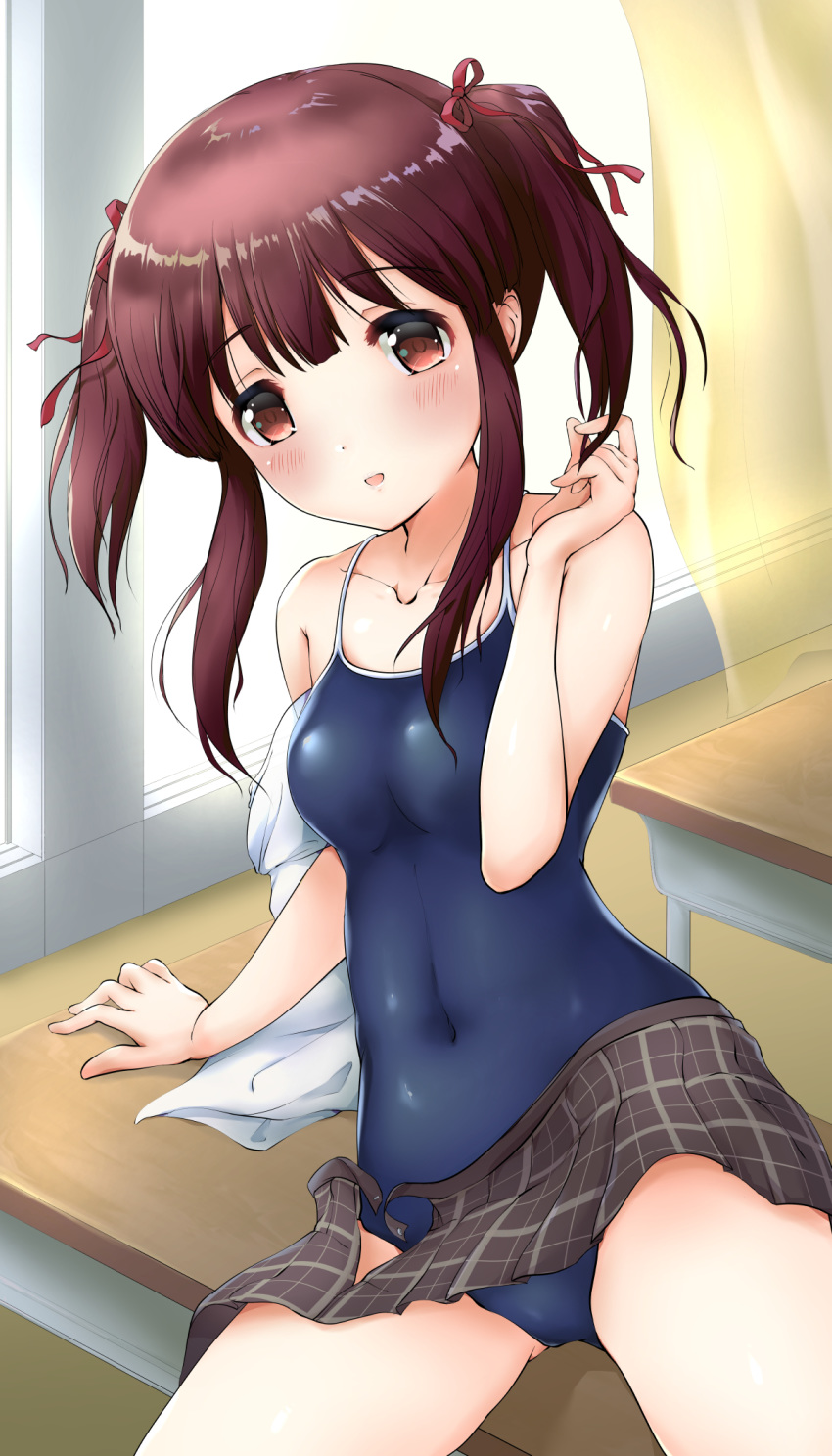 :d arm_support ass_visible_through_thighs blue_swimsuit blush breasts brown_eyes brown_hair classroom collarbone competition_school_swimsuit covered_navel cowboy_shot curtains desk eyebrows_visible_through_hair hair_ribbon hand_up head_tilt highres idolmaster idolmaster_cinderella_girls indoors kuroba_aki leaning_back looking_at_viewer off_shoulder ogata_chieri on_desk one-piece_swimsuit open_clothes open_mouth open_skirt plaid plaid_skirt pleated_skirt ribbon school school_desk school_swimsuit school_uniform shiny shiny_clothes shiny_skin shirt sidelocks sitting skirt small_breasts smile solo swimsuit swimsuit_under_clothes twintails