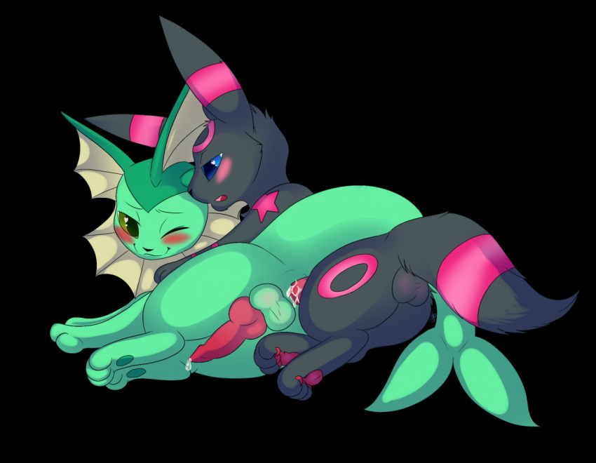 &lt;3 &lt;3_eyes 3_toes :3 alternate_color anal anal_penetration balls black_background black_fur blue_eyes blush cum cum_in_ass cum_inside duo eeveelution erection fan_character feral feral_on_feral fluffy fluffy_tail forked_tail fur garruuk green_eyes green_pawpads green_skin looking_back lying male male/male markings nintendo on_side one_eye_closed pawpads penetration penis pink_pawpads pok&eacute;mon pok&eacute;mon_(species) precum red_penis simple_background snout toes umbreon vaporeon video_games