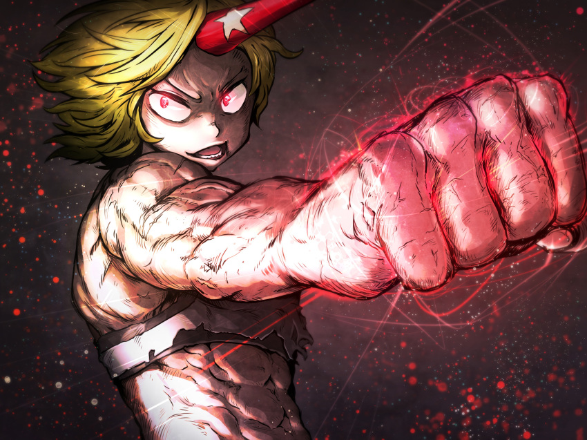 abs absurdres alternate_hair_length alternate_hairstyle bare_arms bare_shoulders blonde_hair clenched_hand commentary_request crop_top energy floating_hair glowing glowing_eyes highres horn hoshiguma_yuugi looking_at_viewer muscle muscular_female niwarizumu open_mouth outstretched_arm red_eyes scar short_hair smile solo star stomach touhou upper_body v-shaped_eyebrows