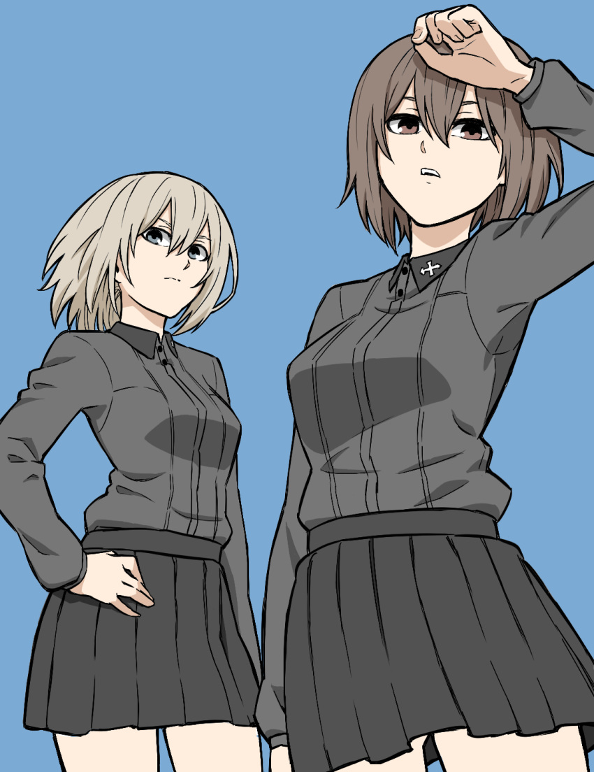 bad_id bad_pixiv_id black_skirt blue_background brown_eyes brown_hair cowboy_shot from_below girls_und_panzer hand_on_hip highres itsumi_erika kuromorimine_military_uniform looking_at_viewer looking_down miniskirt multiple_girls nishizumi_maho parted_lips pleated_skirt silver_hair simple_background skirt tuskryo