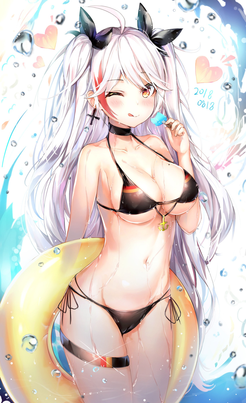 absurdres anchor_symbol antenna_hair azur_lane bangs bikini black_bikini blush breasts brown_eyes cleavage collarbone commentary_request cowboy_shot cross cross_earrings dana_(hapong07) dated earrings eyebrows_visible_through_hair flag_print food german_flag_bikini groin hair_between_eyes heart highres holding holding_food holding_innertube innertube iron_cross jewelry large_breasts licking_lips long_hair looking_at_viewer mole mole_on_breast multi-strapped_bikini multicolored_hair navel one_eye_closed popsicle prinz_eugen_(azur_lane) red_hair ribbon side-tie_bikini sidelocks silver_hair skindentation smile solo sparkle splashing stomach streaked_hair swimsuit thigh_strap tongue tongue_out two_side_up very_long_hair wet