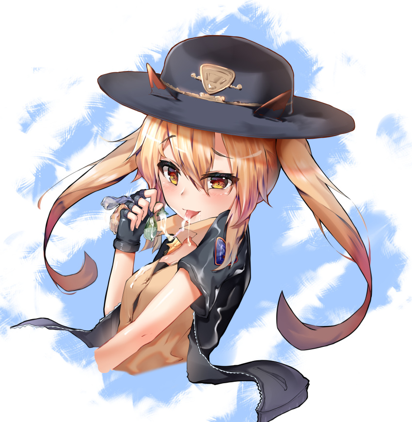 blonde_hair blush condom cropped_arms cropped_torso cum cum_in_mouth fingerless_gloves girls_frontline gloves hat highres horns jacket long_hair looking_at_viewer m870_(girls_frontline) qinshi-ji red_eyes simple_background solo tongue tongue_out twintails used_condom