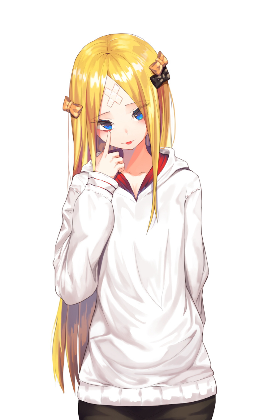 :p abigail_williams_(fate/grand_order) akanbe bad_id bad_pixiv_id bangs black_bow blonde_hair blue_eyes bow closed_mouth commentary crossed_bandaids eyebrows_visible_through_hair fang fang_out fate/grand_order fate_(series) hair_bow hand_up head_tilt highres hood hood_down hooded_sweater hoodie index_finger_raised long_hair long_sleeves orange_bow parted_bangs polka_dot polka_dot_bow simple_background sleeves_past_wrists solo sugar_(dndi888) sweater tongue tongue_out very_long_hair white_background white_hoodie