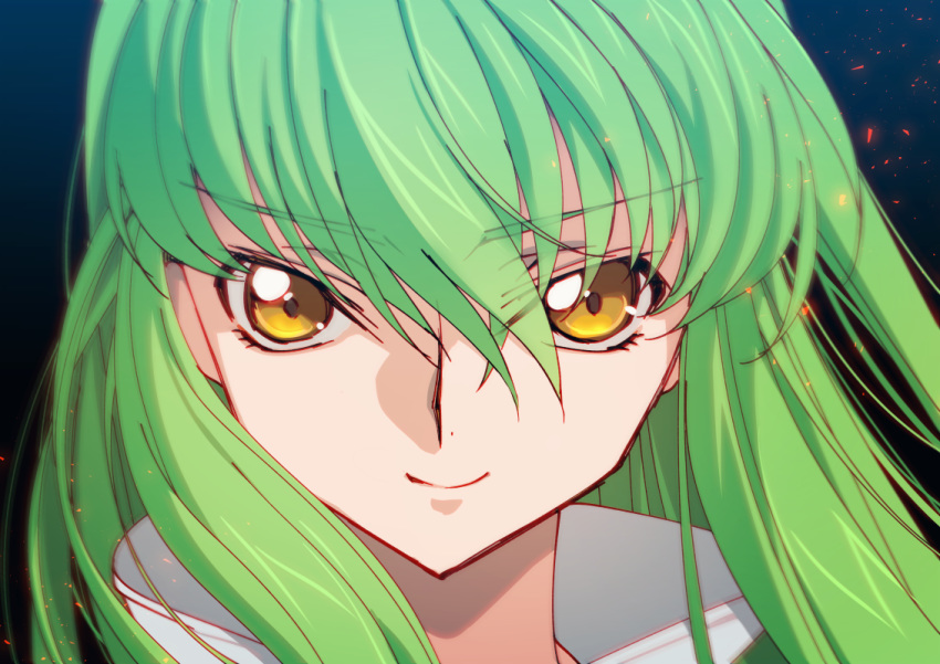 bangs c.c. closed_mouth code_geass creayus eyebrows_visible_through_hair green_hair hair_between_eyes looking_at_viewer m portrait smile solo yellow_eyes