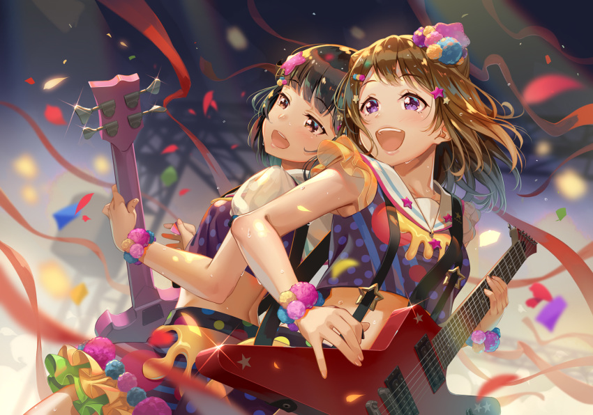 :d back-to-back bang_dream! bangs bass_guitar black_eyes black_hair brown_hair confetti crop_top electric_guitar eyebrows_visible_through_hair glint guitar hair_ornament half-closed_eyes holding holding_instrument instrument medium_hair multiple_girls music open_mouth playing_instrument plectrum pom_pom_(clothes) purple_eyes sailor_collar scaffolding skirt smile star star_hair_ornament streamers suspenders sweat terumii toyama_kasumi upper_teeth ushigome_rimi wristband