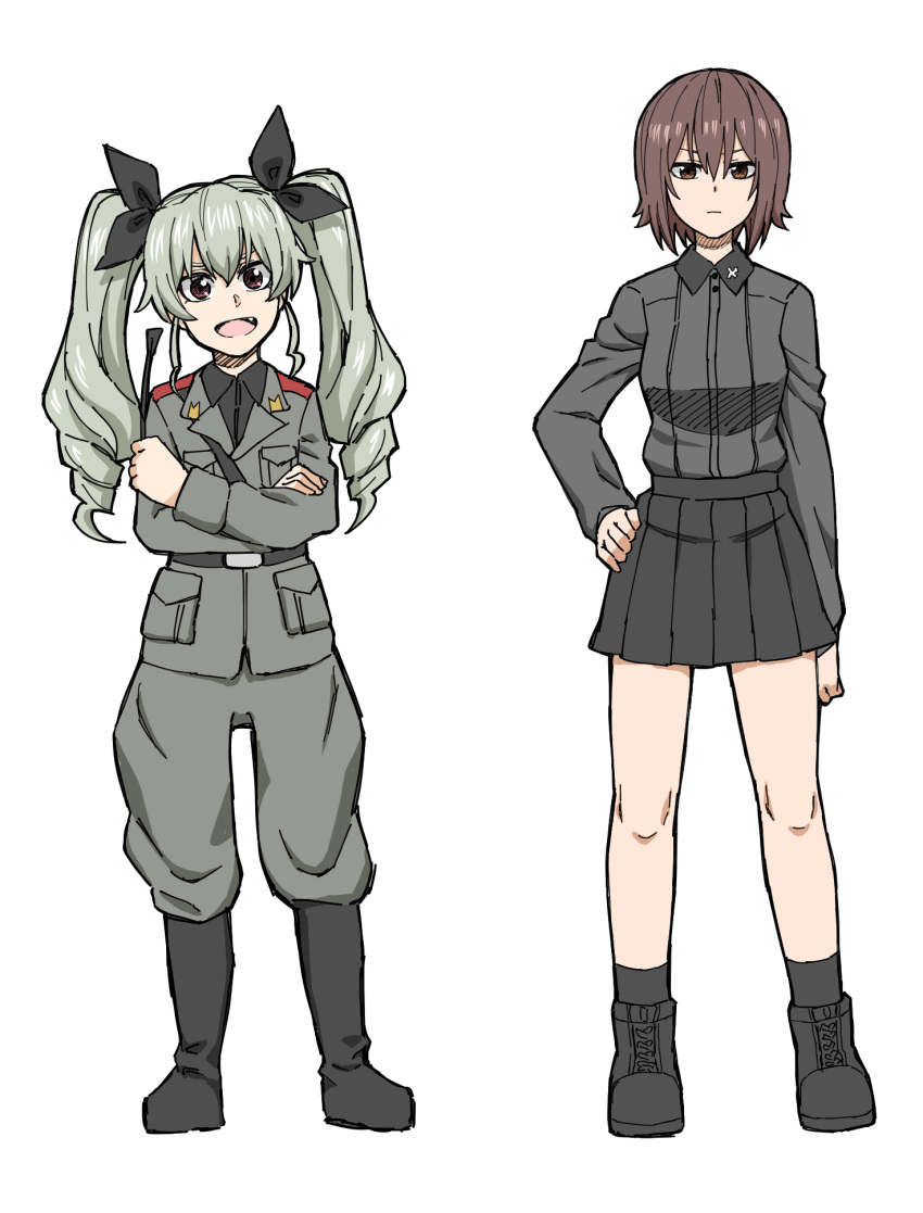 anchovy anzio_military_uniform bad_id bad_pixiv_id black_skirt boots bow brown_hair crossed_arms drill_hair fang girls_und_panzer green_hair hair_bow hand_on_hip highres kuromorimine_military_uniform looking_at_viewer miniskirt multiple_girls nishizumi_maho open_mouth pleated_skirt riding_crop short_hair simple_background skirt tuskryo twin_drills twintails white_background